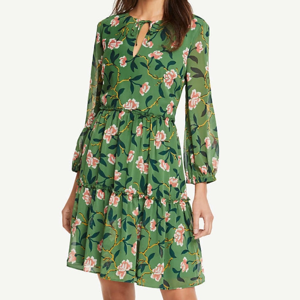 Ann Taylor Petite Floral Tiered Tie Neck Dress NWT